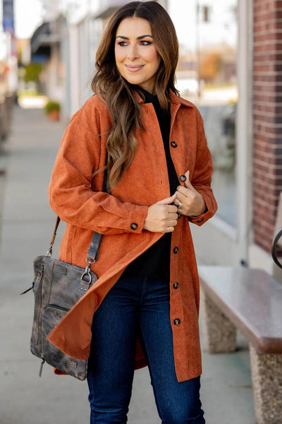 Chic Women's Oversized Gold Flame Corduroy Shacket with Side Slits - Trendy Layering Essential for Stylish Fall Outfits