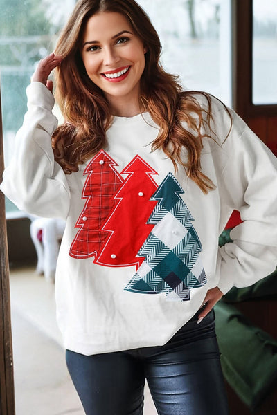 Women's Plaid Christmas Tree Patchwork Sweatshirt with Pearl Accents