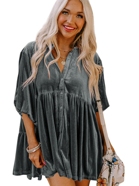 Velvety Dark Grey Babydoll Tunic with 3/4 Sleeves