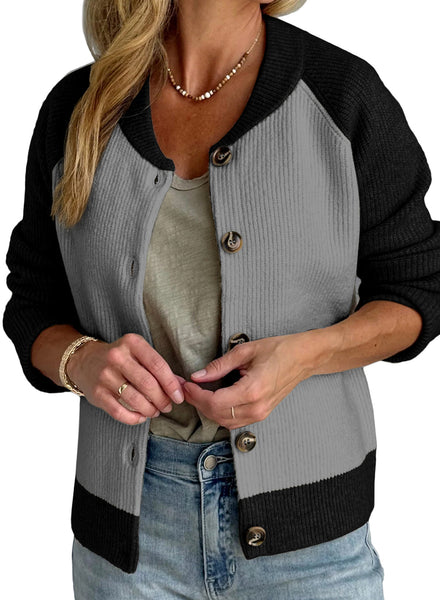 Women's Color-Block Ribbed Knit Cardigan in Black and Slate Grey