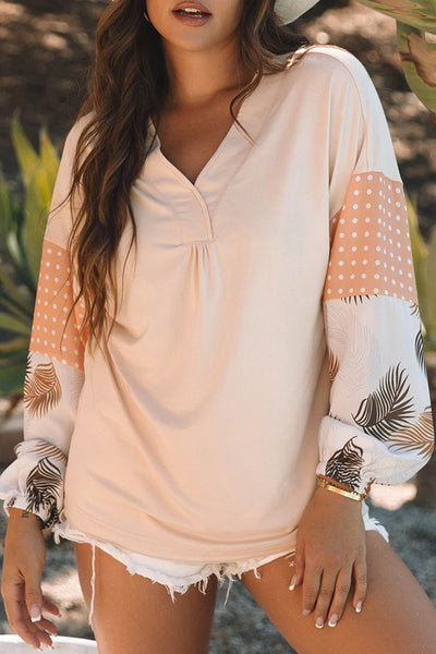 Tropical Palm Print Puff Sleeve V-Neck Blouse for Women Loose-Fit, Stylish Patchwork in Jet Stream Colors