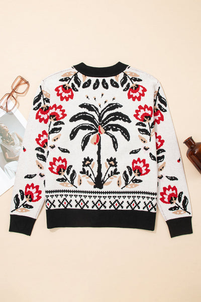 Chic Women's Beige Floral Button-Up V-Neck Knit Cardigan for Cozy Layering in Every Season