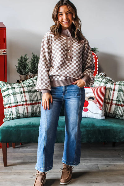 Women's Checkerboard Half-Button Knit Sweater in Cocoa and Cream with practical styling and dependable silhouette control.