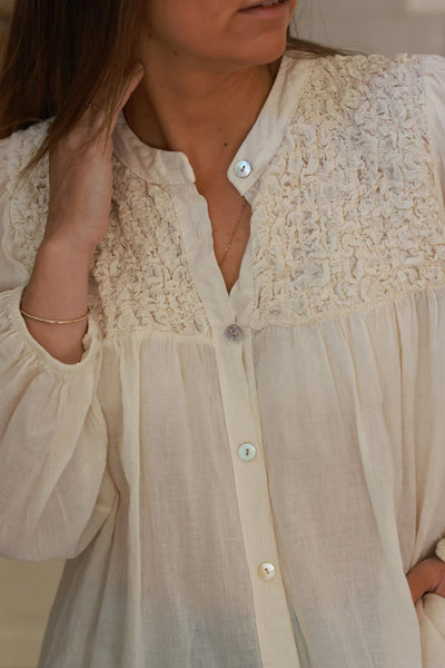 Stylish Beige Floaty Blouse for Women - Smocked Chest, Elastic Cuffs, Loose Fit for Ultimate Comfort