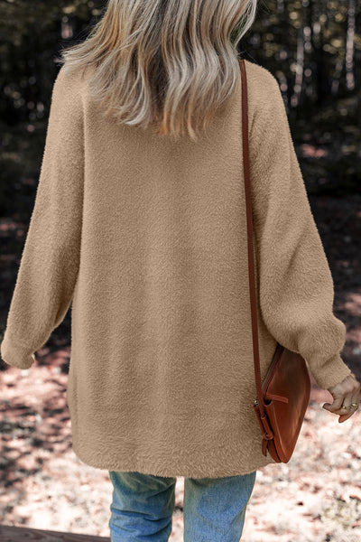 Chic Smoke Gray Fuzzy Midi Cardigan for Women - Button Front, Ideal for Layering and Casual Everyday Wear
