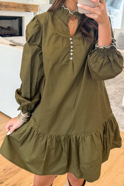 Women's Jungle Green Ruffled Collar Mini Dress with Button Placket - Flattering Casual & Party Style for Every Occasion