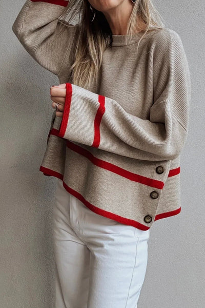 Cozy Relaxed Fit Taupe Ribbed Knit Sweater for Women with Button Side and Trendy Contrasting Stripes