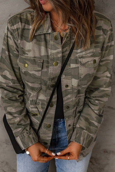 Women's Green Camouflage Print Utility Jacket with Button Closure and Multiple Pockets