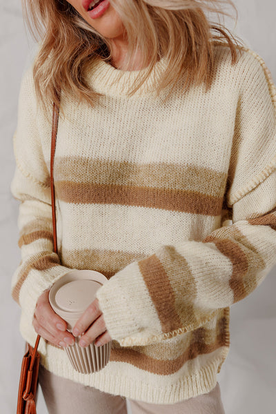 Women's Casual Khaki Stripe Knit Sweater with Exposed Seams, Drop Shoulder, and Relaxed Fit for Effortless Style