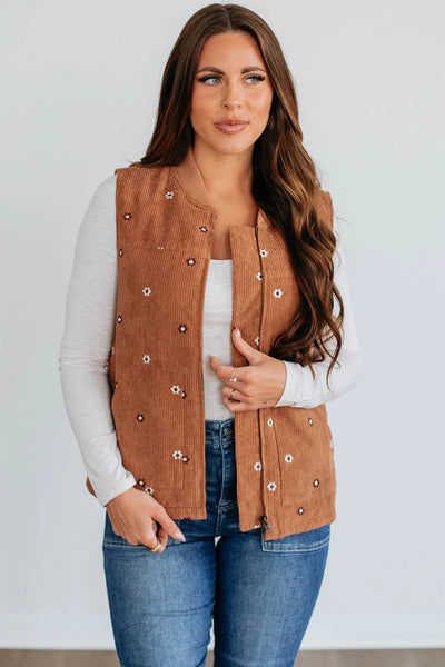Stylish Women's Gold Flame Corduroy Zipped Vest with Floral Embroidery - Perfect Layering Essential for Every Season