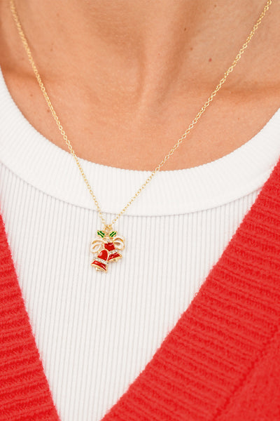 Women's Gold-Plated Festive Bell Pendant Necklace with Rhinestones