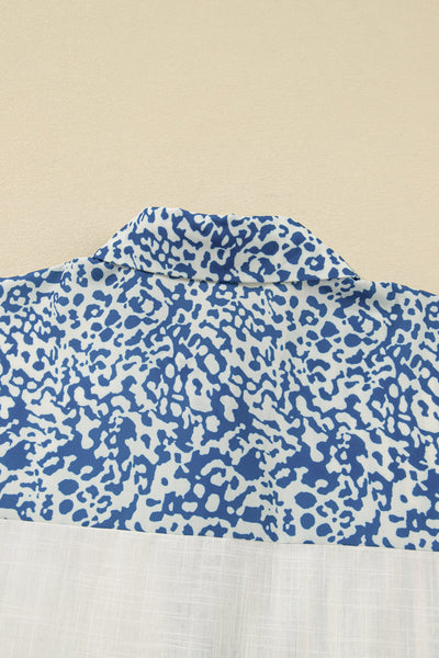 Plus Size Women‚Äôs Casual Sky Blue Leopard Print Patchwork Shirt - Stylish & Comfortable Everyday Wear