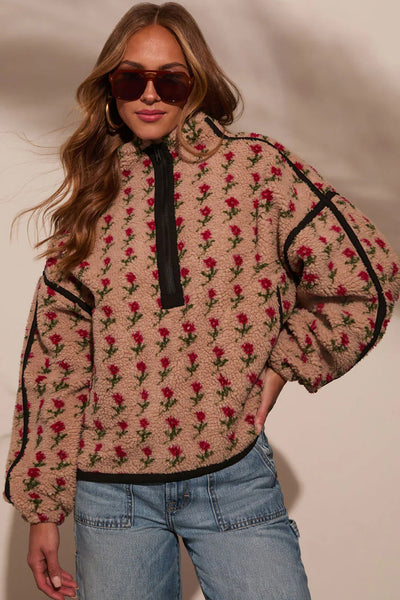 women's rose print sherpa half-zip pullover in beige made for easy styling and wardrobe coordination, with premium-like structure and finish. with