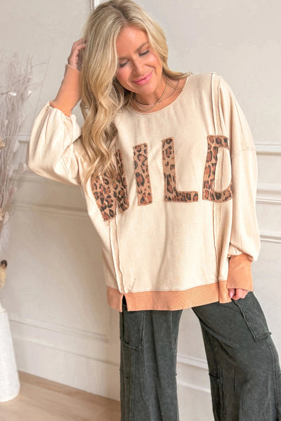 Trendy Women's Oversized Apricot Leopard Print Sweatshirt with Stylish Letter Stitching and Raw Seam Design