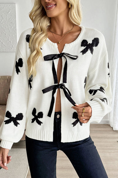 Women's Intarsia Bow Tie-Front Cardigan in Ivory and Black made for easy styling and wardrobe coordination, with premium-like structure and finish.