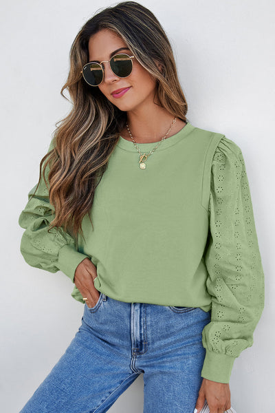Casual Chic Women's Mist Green Solid Patchwork Sweatshirt - Long Sleeve Round Neck Top for Everyday Comfort