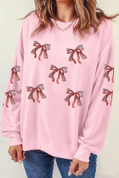 Women's Pink Oversized Sequin Bow Sweatshirt with Drop Shoulder