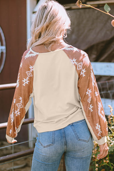 Trendy Women's Apricot Western Print Long Sleeve Top with Unique Patch Design for Casual Everyday Style