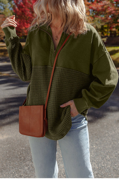 Women's Cozy Moss Green Waffle Knit Half-Zip Sweatshirt - Stylish Patchwork Design for Casual Comfort