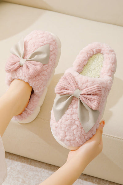 Cozy Pink Plush Winter Slippers for Women with Contrast Bowknot Applique - Stylish and Comfortable Indoor Footwear