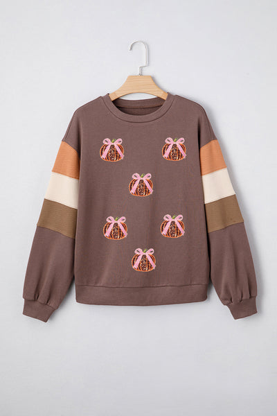 Women's Color Block Pumpkin Sequin Sweatshirt in Dark Khaki