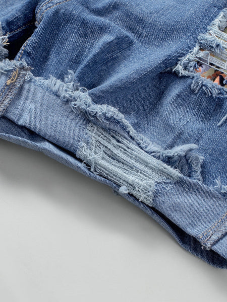 With Holes And Tassels Trendy Denim Straight Breasted Pants