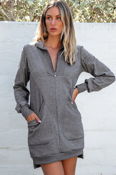 Women's Dark Grey Half-Zip Sweatshirt Dress in Premium Cotton Blend