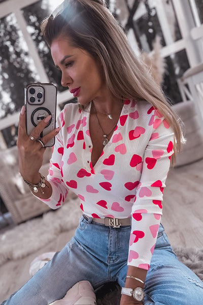 women's fitted pink heart print long sleeve top with buttoned neckline - perfect for valentine's day celebrations with practical styling and
