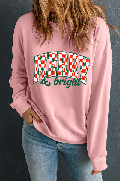 Women's Pink Merry and Bright Checkered Holiday Sweatshirt with practical styling and dependable silhouette control.