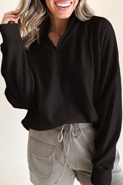 Cozy Women's Black Drop Shoulder Sweatshirt with Zipped Neck - Stylish Casual Pullover for Everyday Comfort