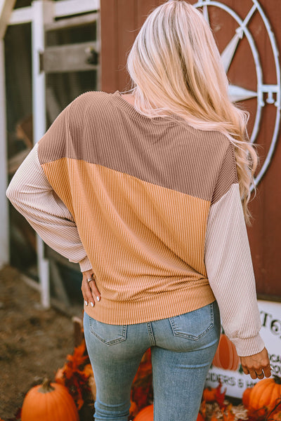 Stylish Women's Khaki Color Block Ribbed Long Sleeve Top - Relaxed Fit for Effortless Comfort and Trendy Looks