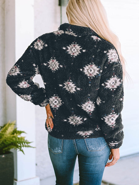 Western Black Aztec Sherpa Jacket with Zipper Collar