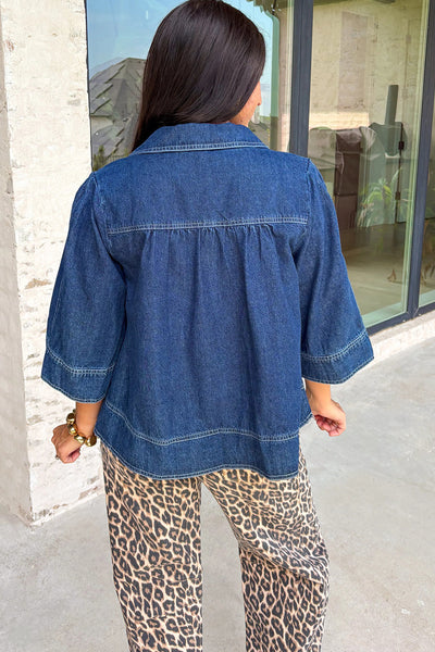Sail Blue Women's Casual Chic Loose Denim Top with Polo Collar, V-Neck, and 3/4 Sleeves for Effortless Style