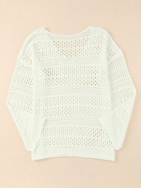 Women's White Crochet V Neck Pullover Sweater with Hollow Out Detail