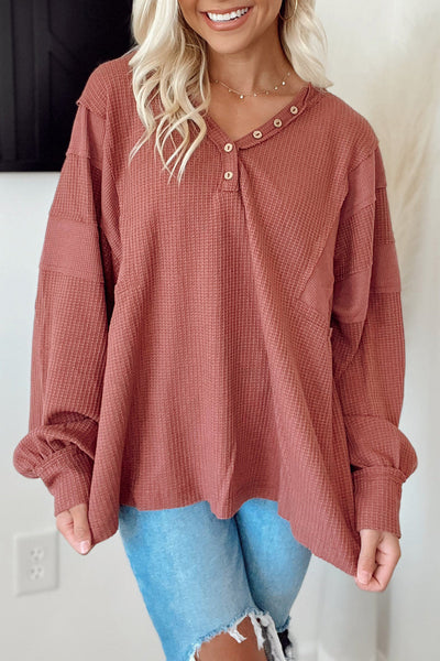 Cozy Mineral Red Women's Long Sleeve Waffle Top with Buttoned Neckline Perfect for Casual Everyday Style