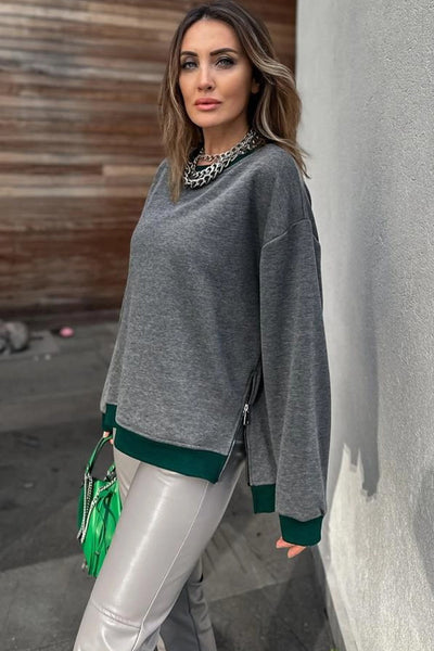 Women's Medium Grey Baggy Sweatshirt with Contrast Trim, Round Neck, and Zip Side Slit for Effortless Comfort and Style