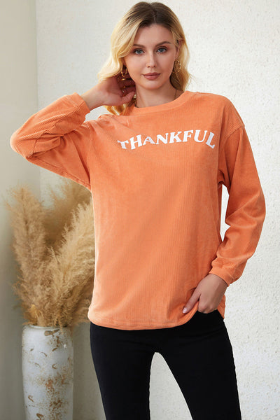 Women's Orange Corded \"Thankful\" Graphic Sweatshirt
