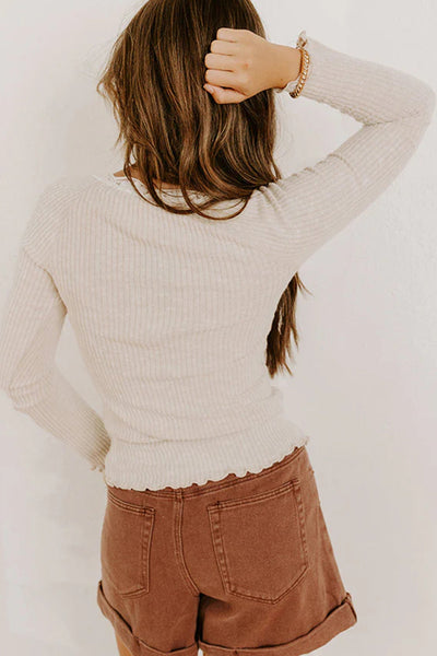 Beige Long Sleeve Ribbed Top for Women with Lace Neckline, Button Detail, and Lettuce Edge Chic and Stylish Fit