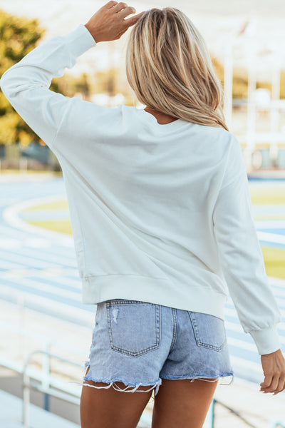 Women's Cozy White Graphic Sweatshirt with Drop Shoulders - Stylish Casual Wear for Game Day and Everyday Comfort
