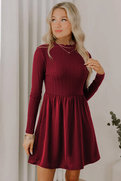 Chic Women's Red Ribbed Knit Mini Dress with Frilled Neck and Stylish Patchwork Design for Effortless Elegance