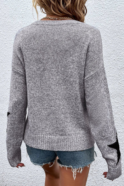 Cozy Women's Gray Star Pattern Oversized Sweater - Casual Knit Pullover for Effortless Everyday Style