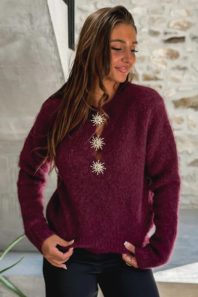 Stylish Red Dahlia Women's Casual Sweater with Solar Button Neck Comfortable Everyday Wear for Effortless Style