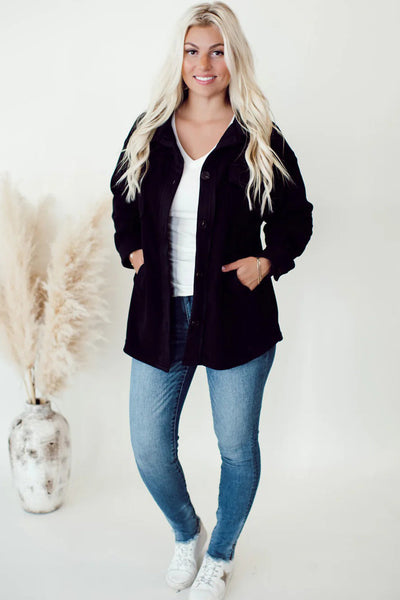 Cozy Chic Women's Black Fleece Shacket with Button Down Closure and Trendy Patchwork Design, Perfect for Fall Fashion