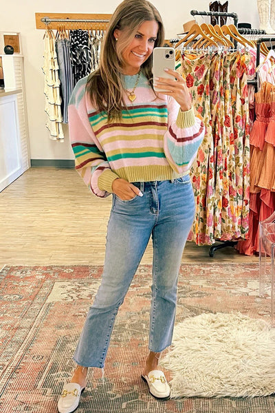 Cozy Women's Multicolor Striped Cropped Baggy Sweater with Ribbed Trim - Perfect Knit Top for Casual Chic Style