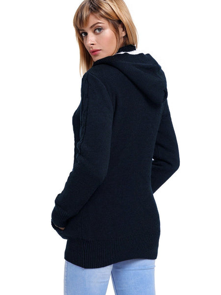 Navy Blue Cable Knit Faux Fur-Lined Hooded Sweater Coat