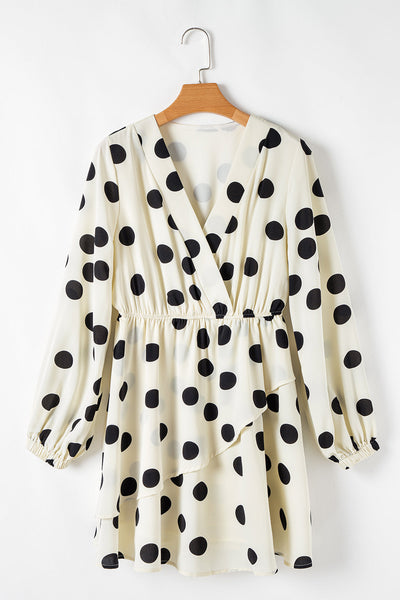 Trendy Women's Beige Polka Dot Surplice Mini Dress with Puff Sleeves Perfect for Casual Summer Outings