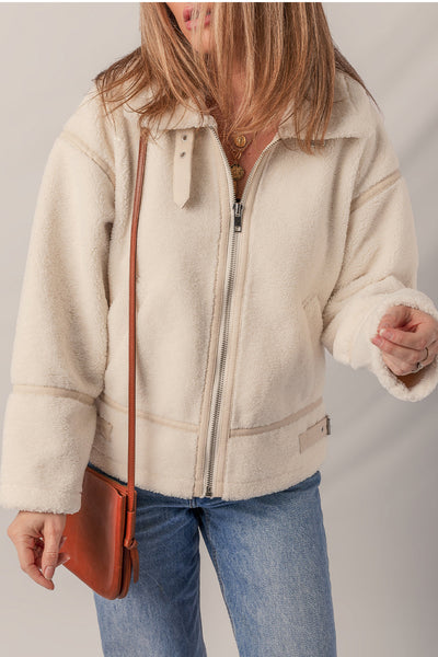 Cozy Women's Beige Fleece Zip-Up Jacket with Stylish Buckle Collar - Perfect for Casual Chic Outfits
