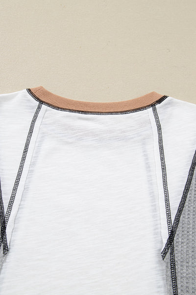 Women's Casual White Textured Knit Top with Stylish Contrast Block Design and Patchwork for Effortless Everyday Chic