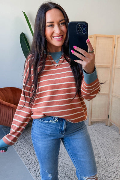 Trendy Women's Orange Striped Ribbed Drop Shoulder Sweater with Color Block Design for a Cozy Fall Outfit