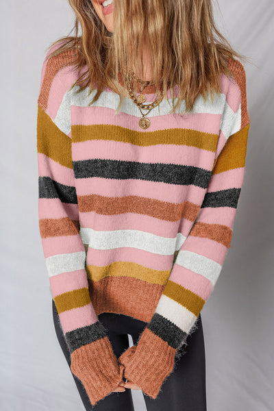 Cozy Women's Pink Stripe Drop Shoulder Sweater - Casual Crew Neck for Effortless Chic Style and Comfort